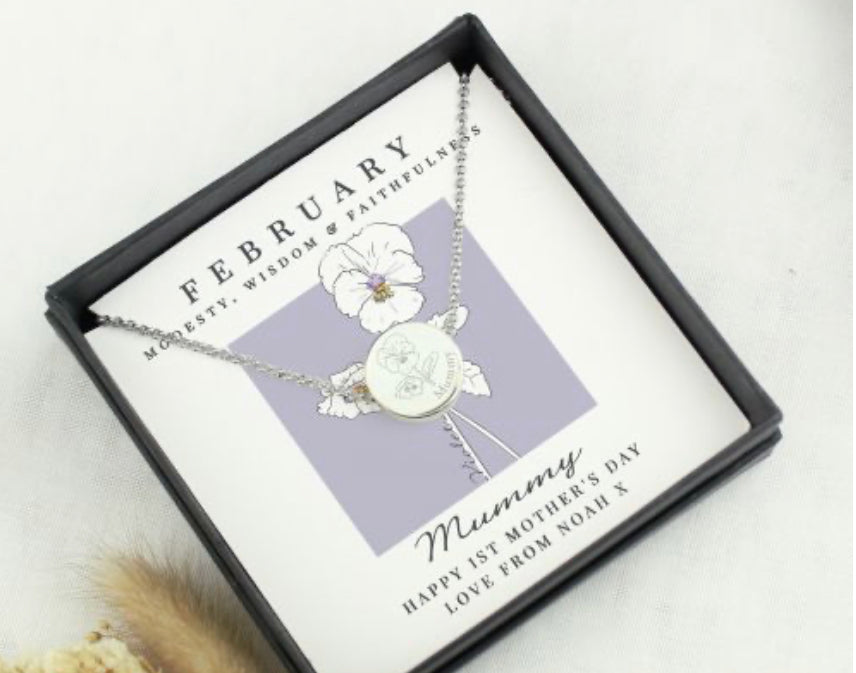 Personalised February Birth Flower Necklace and Box