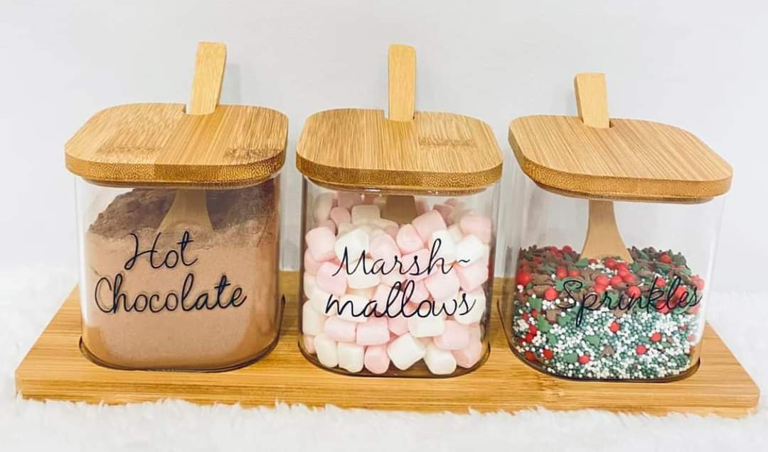 Set of 3 Square Glass Jars on a Bamboo Stand