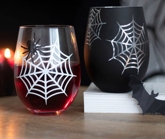 SET OF 2 SPIDER AND WEB STEMLESS WINE GLASSES