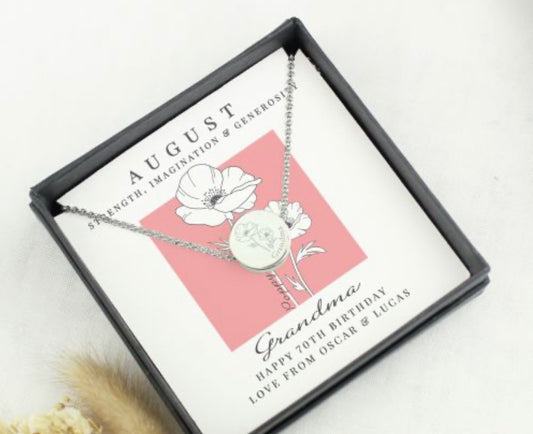 Personalised August Birth Flower Necklace and Box