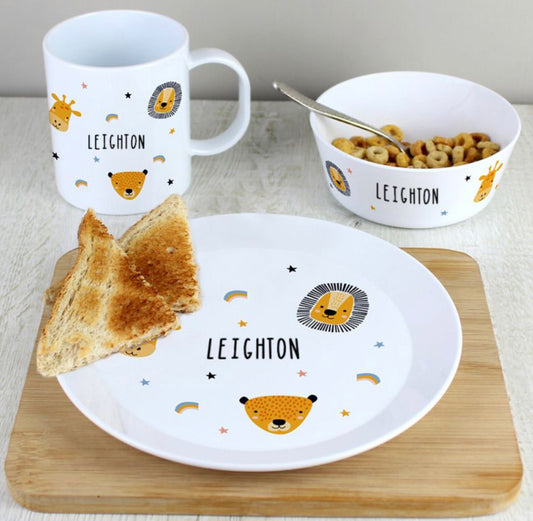 Personalised Safari Animals Plastic Childrens Breakfast Set