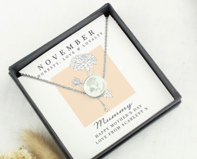 Personalised November Birth Flower Necklace and Box