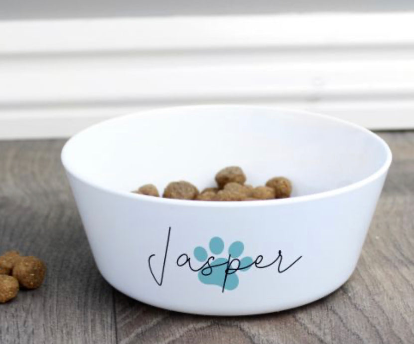 Personalised Blue Pawprint Plastic Cat Bowl