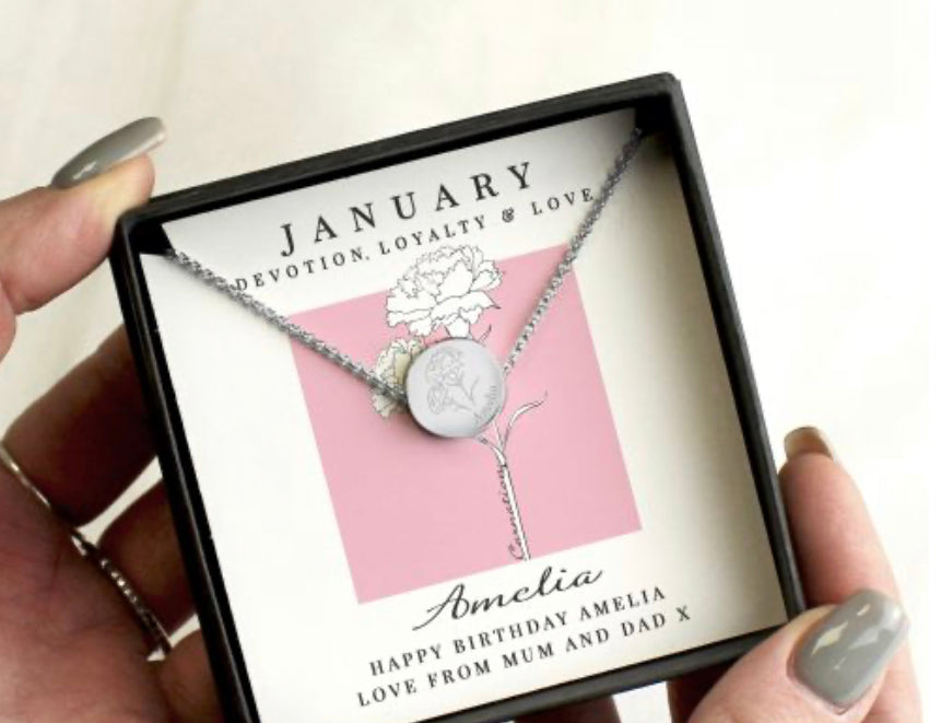 Personalised January Birth Flower Necklace and Box