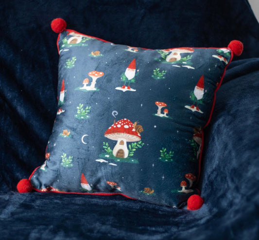 35CM SQUARE GNOME PRINT CUSHION WITH POM POMS