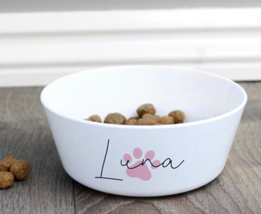 Personalised Pink Paw Print Plastic Cat Bowl