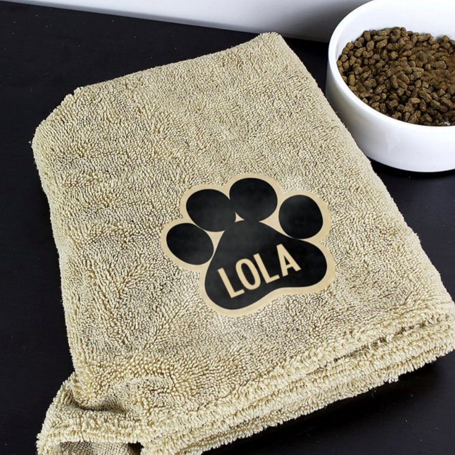 Personalised Paw Print Brown Microfibre Pet Towel