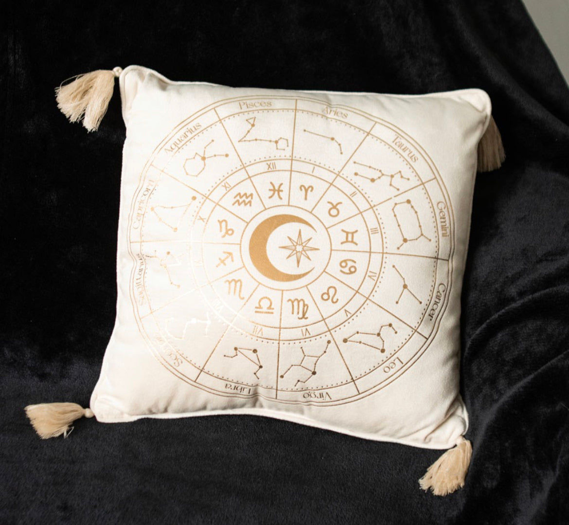 35CM SQUARE OFF WHITE ASTROLOGY WHEEL CUSHION