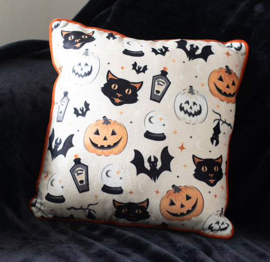 35CM SQUARE SPOOKY CAT AND PUMPKIN PRINT CUSHION