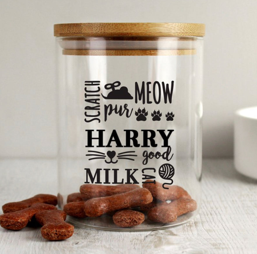 Personalised Glass Cat Treat jar with Bamboo Lid