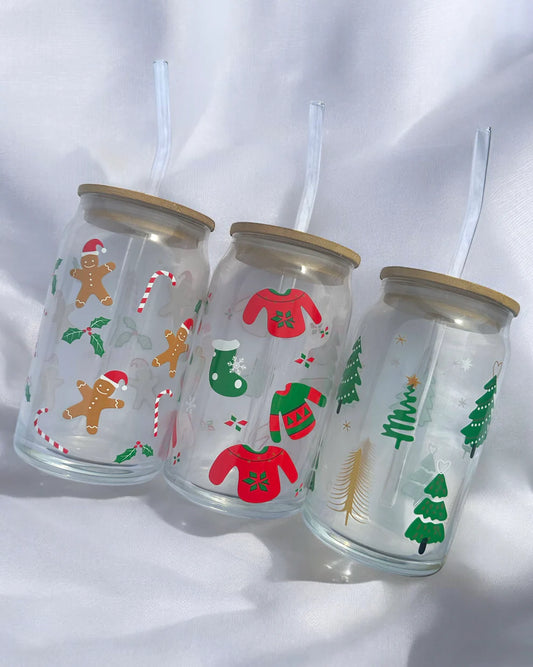 FESTIVE LIBBY GLASS WITH BAMBOO LID & GLASS STRAW