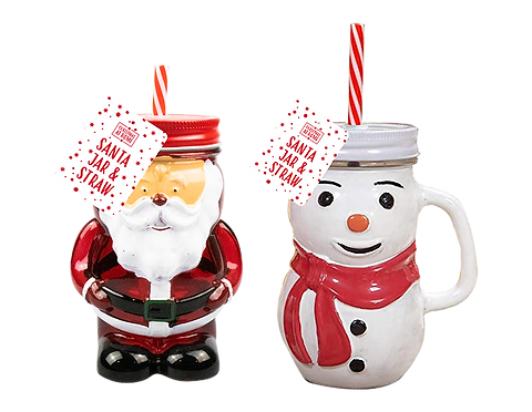 Christmas Character Glass Jar With Straw 470ml