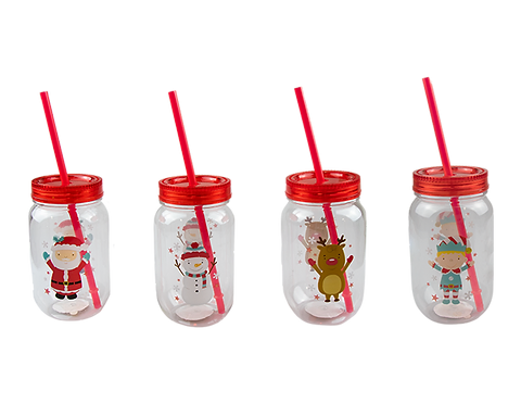 Christmas Plastic Mason Drinking Jar & Straw