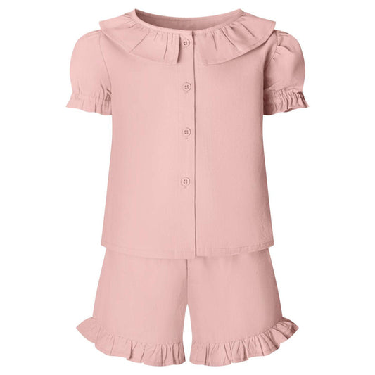 Linen T-Shirt & Short Frill Set in Blush