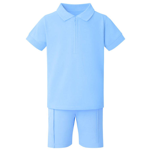 Boy's Zip Neck Polo Shirt and Short Set in Sky Blue