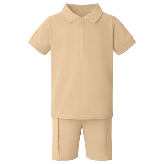 Boy's Zip Neck Polo Shirt and Short Set in Sand