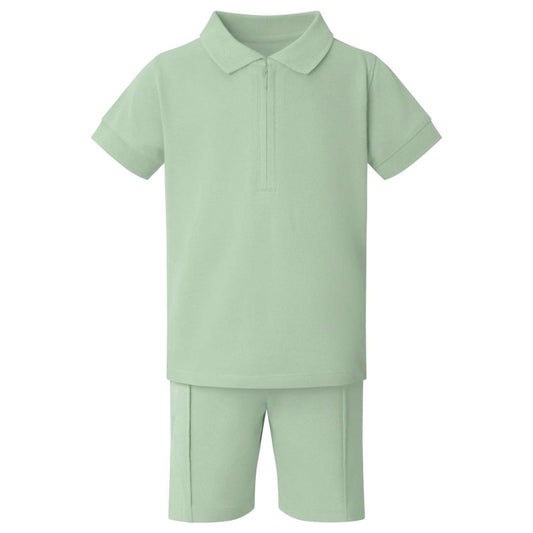 Boy's Zip Neck Polo Shirt and Short Set in Sage